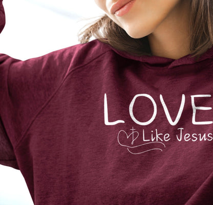 A cozy and warm custom Christian hoodie featuring a powerful message of love and faith. The front displays the word LOVE Like Jesus, accompanied by a cross with a heart. Each sleeve showcases the scripture 1 Corinthians 13:4-7
