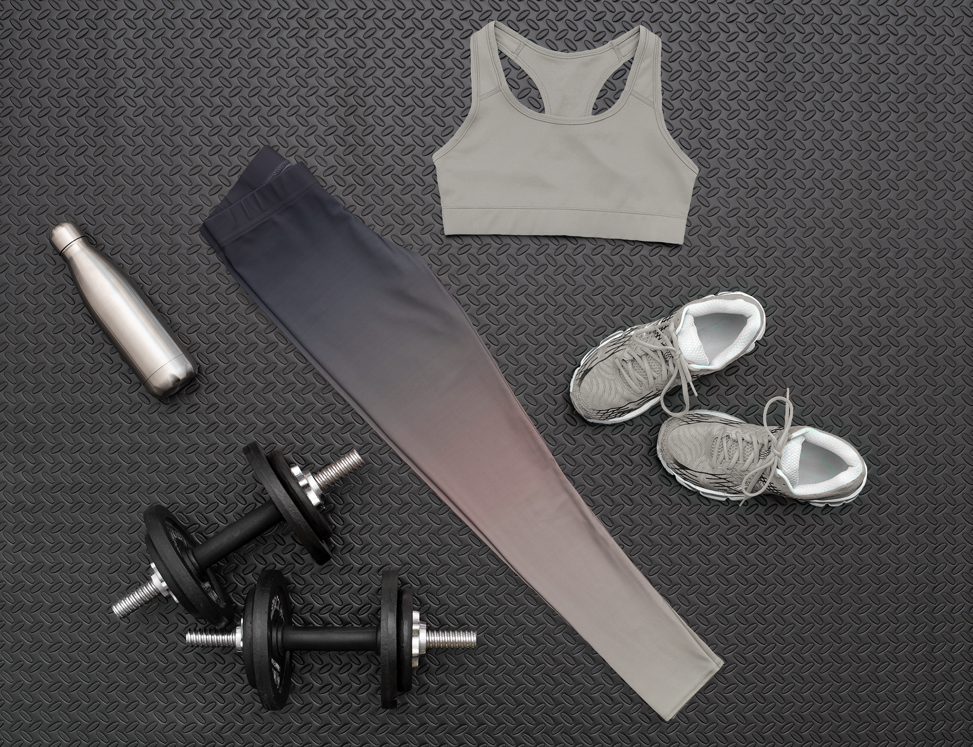 A pair of women's custom high waisted leggings that have an ombre pattern that starts as black at the top of the leggings then fades to a light pink in the middle then to a beige at the bottom of the pants.