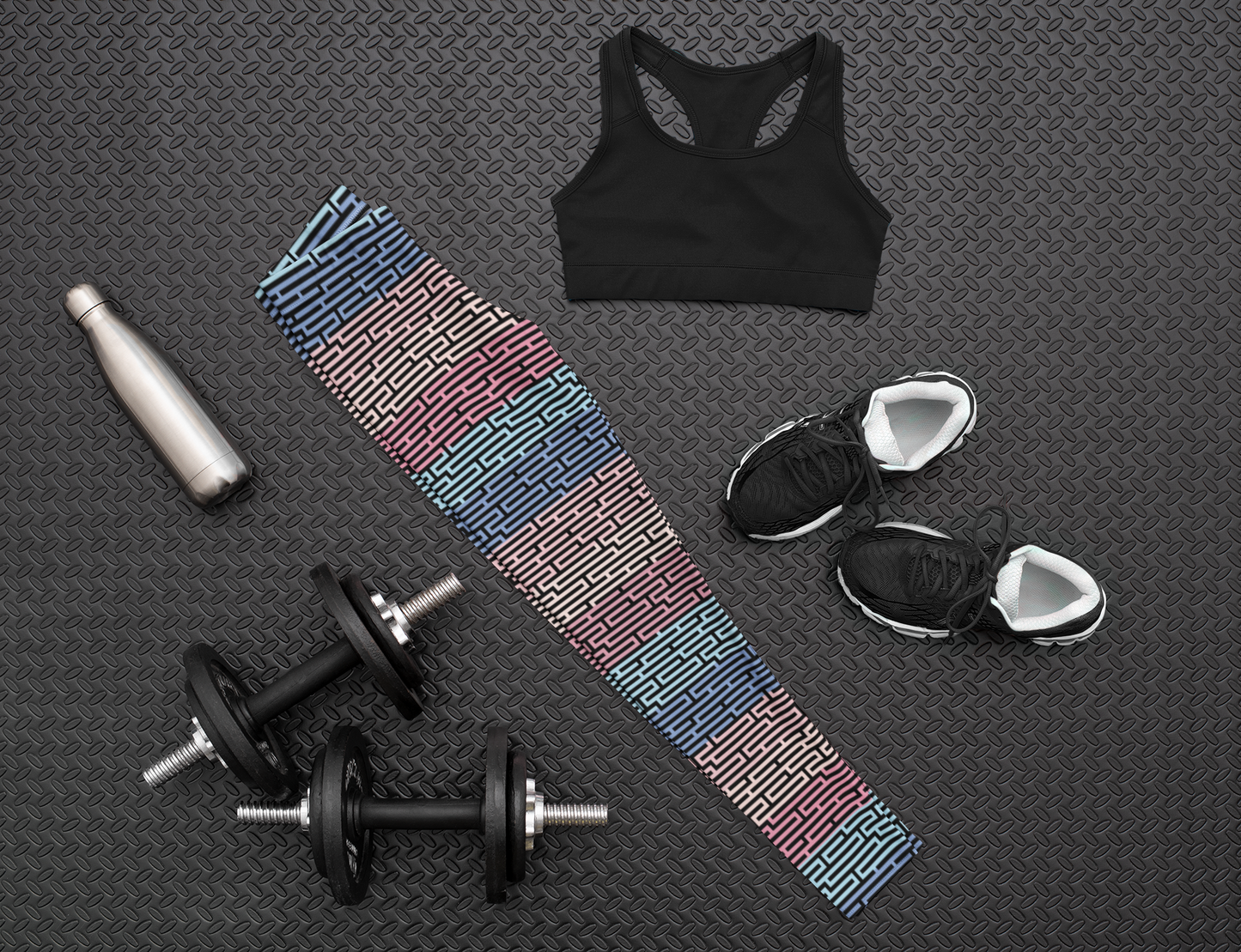 Custom women's high waisted leggings with rows of pastel red, yellow and blue from the top to the bottom of the leggings, there is a black abstract pattern overtop of the colors giving the leggings a 3D look.