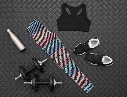 Custom women's high waisted leggings with rows of pastel red, yellow and blue from the top to the bottom of the leggings, there is a black abstract pattern overtop of the colors giving the leggings a 3D look.