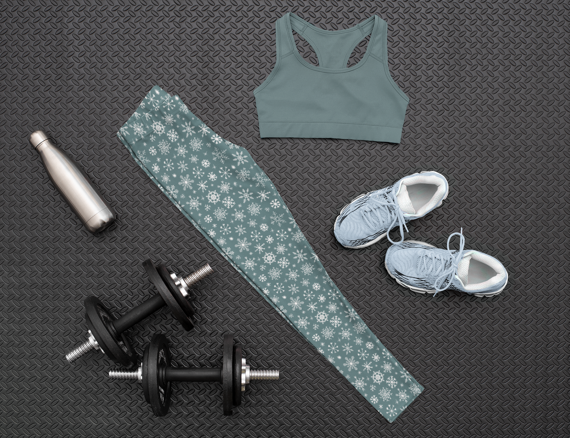 A pair of high waisted custom women's leggings that are a light blue in color and have white snowflakes all over the pants, perfect for Christmas.