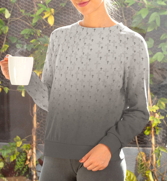 this custom Christian handmade sweater has a ombre design starting as grey on the top then fading to a slate grey then to a very dark grey at the bottom of the pullover, there are rows of Jesus cross's overlayed on top in a dark slate.