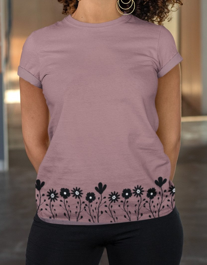 This completely custom handmade super soft women's short sleeve tee can be fully personalized with you able to choose whatever color of shirt you would prefer along with the floral daisy design in black along the entire bottom of the t-shirt.