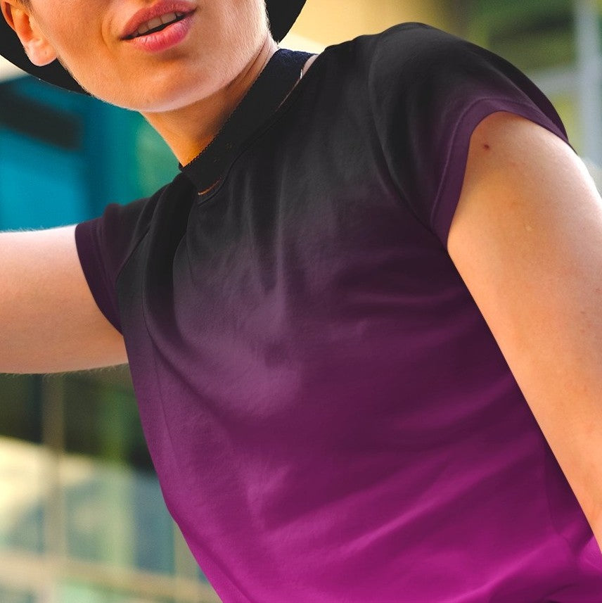 This custom handmade women's short sleeve shirt is a vibrant hot pink at the bottom then it fades in a ombre pattern to a black up at the neckline.