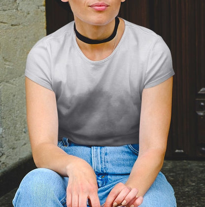 This custom women's short sleeve shirt has a very unique design with the top of the shirt being a light grey and the bottom is a dark slate grey that looks like it's smoke billowing up from the bottom of the shirt to the top of the shirt.