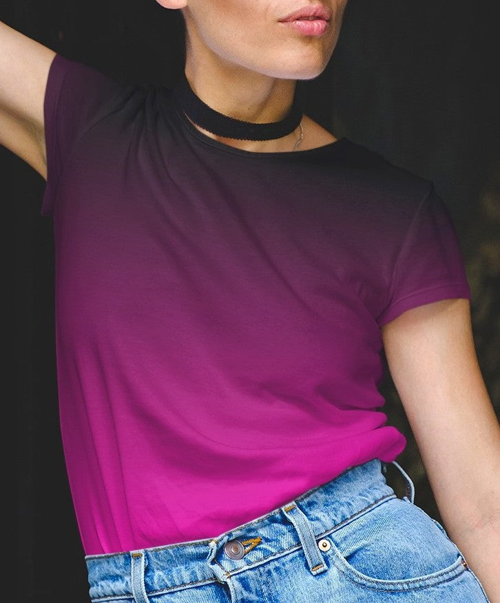 This custom handmade women's short sleeve shirt is a vibrant hot pink at the bottom then it fades in a ombre pattern to a black up at the neckline.