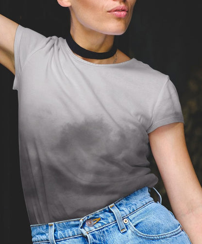 This custom women's short sleeve shirt has a very unique design with the top of the shirt being a light grey and the bottom is a dark slate grey that looks like it's smoke billowing up from the bottom of the shirt to the top of the shirt.
