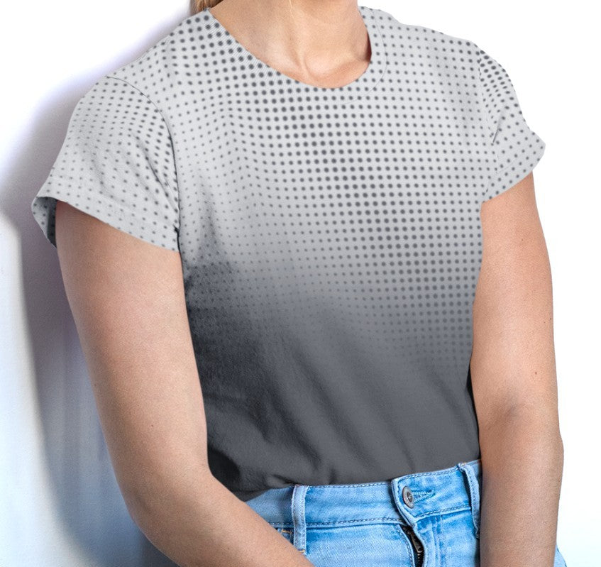 This custom super soft women's handmade t-shirt has an ombre pattern with the top of the shirt being a light grey color, that then fades to a dark slate grey at the bottom of the shirt, there is a gradient dot pattern overlayed on the top of the ombre design that is the same color as the dark slate grey at the bottom.
