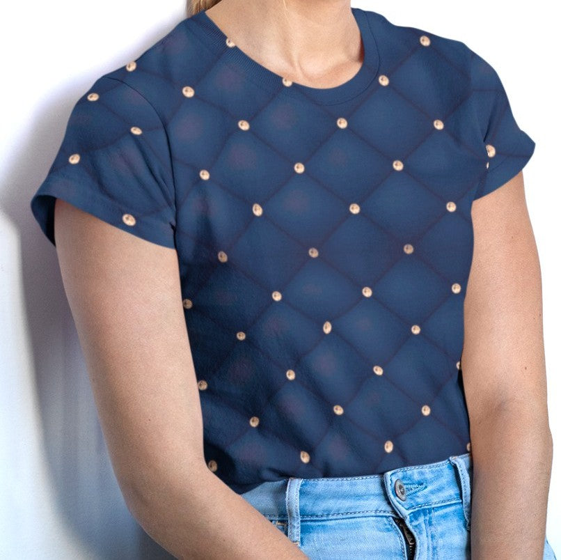 This custom handmade women's short sleeve tee has a quilted diamond pattern in a navy blue, at the crossing of each line there is a diamond that makes this shirt stand out even more.
