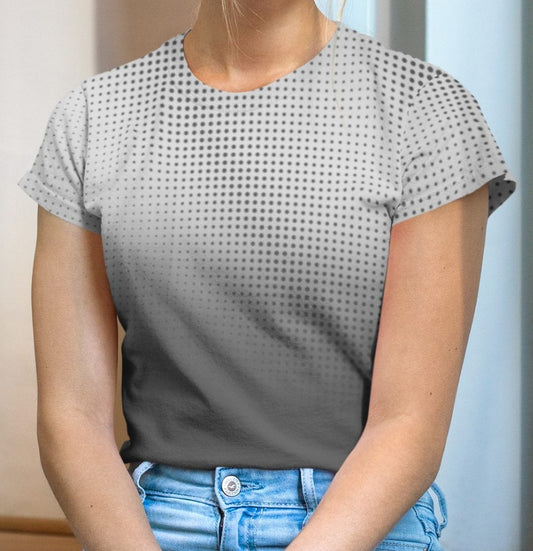 This custom super soft women's handmade t-shirt has an ombre pattern with the top of the shirt being a light grey color, that then fades to a dark slate grey at the bottom of the shirt, there is a gradient dot pattern overlayed on the top of the ombre design that is the same color as the dark slate grey at the bottom.