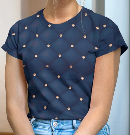This custom handmade women's short sleeve tee has a quilted diamond pattern in a navy blue, at the crossing of each line there is a diamond that makes this shirt stand out even more.