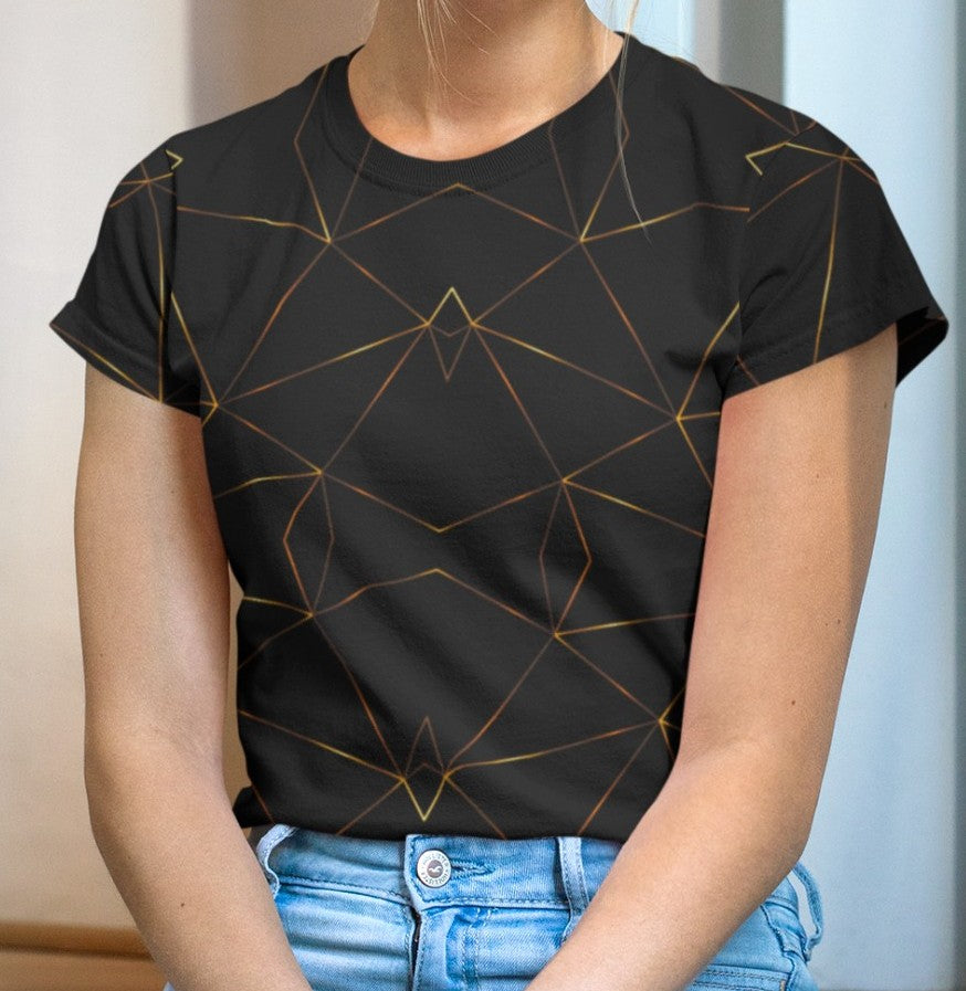 This custom designed handmade women's t-shirt is all black with gold lines that are throughout the shirt in a geometric pattern, the lines are different shades of gold making it look like it is glowing.
