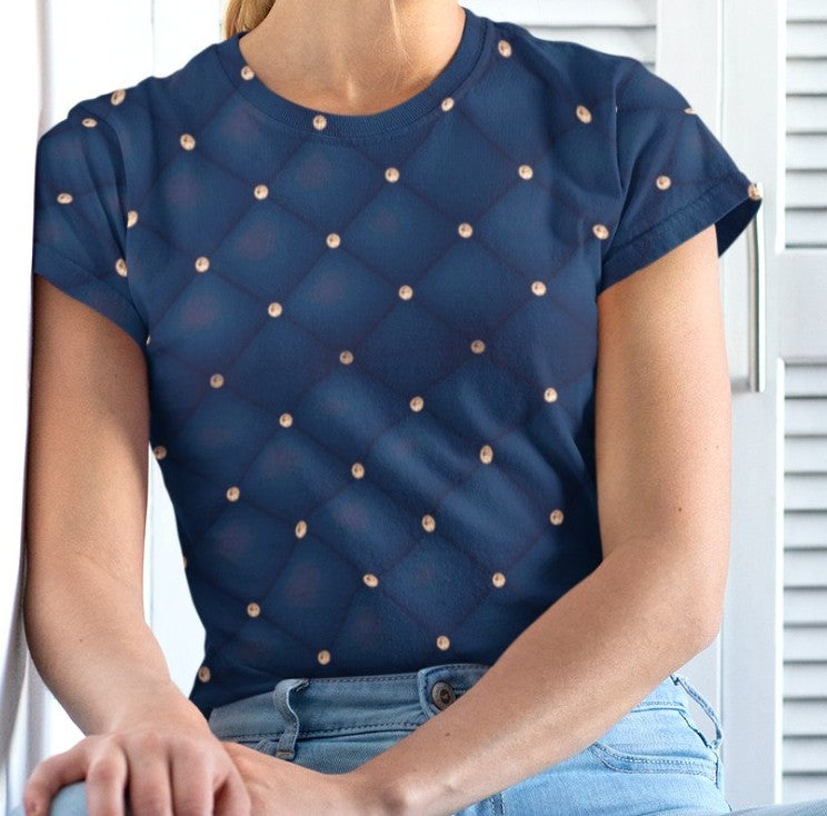 This custom handmade women's short sleeve tee has a quilted diamond pattern in a navy blue, at the crossing of each line there is a diamond that makes this shirt stand out even more.