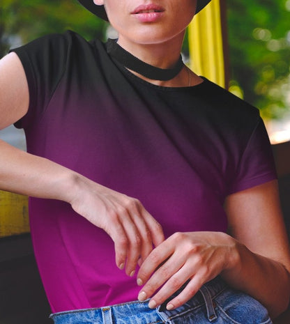 This custom handmade women's short sleeve shirt is a vibrant hot pink at the bottom then it fades in a ombre pattern to a black up at the neckline.