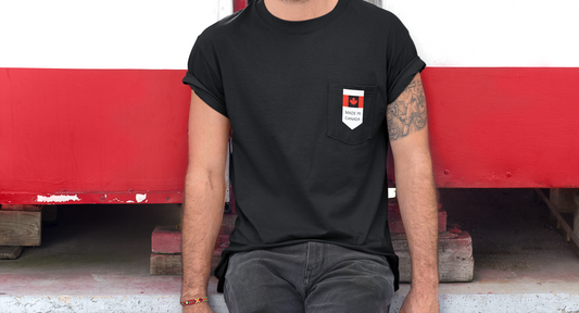 On the front pocket of this custom shirt is a Canadian flag with the words Made in Canada underneath the flag.
