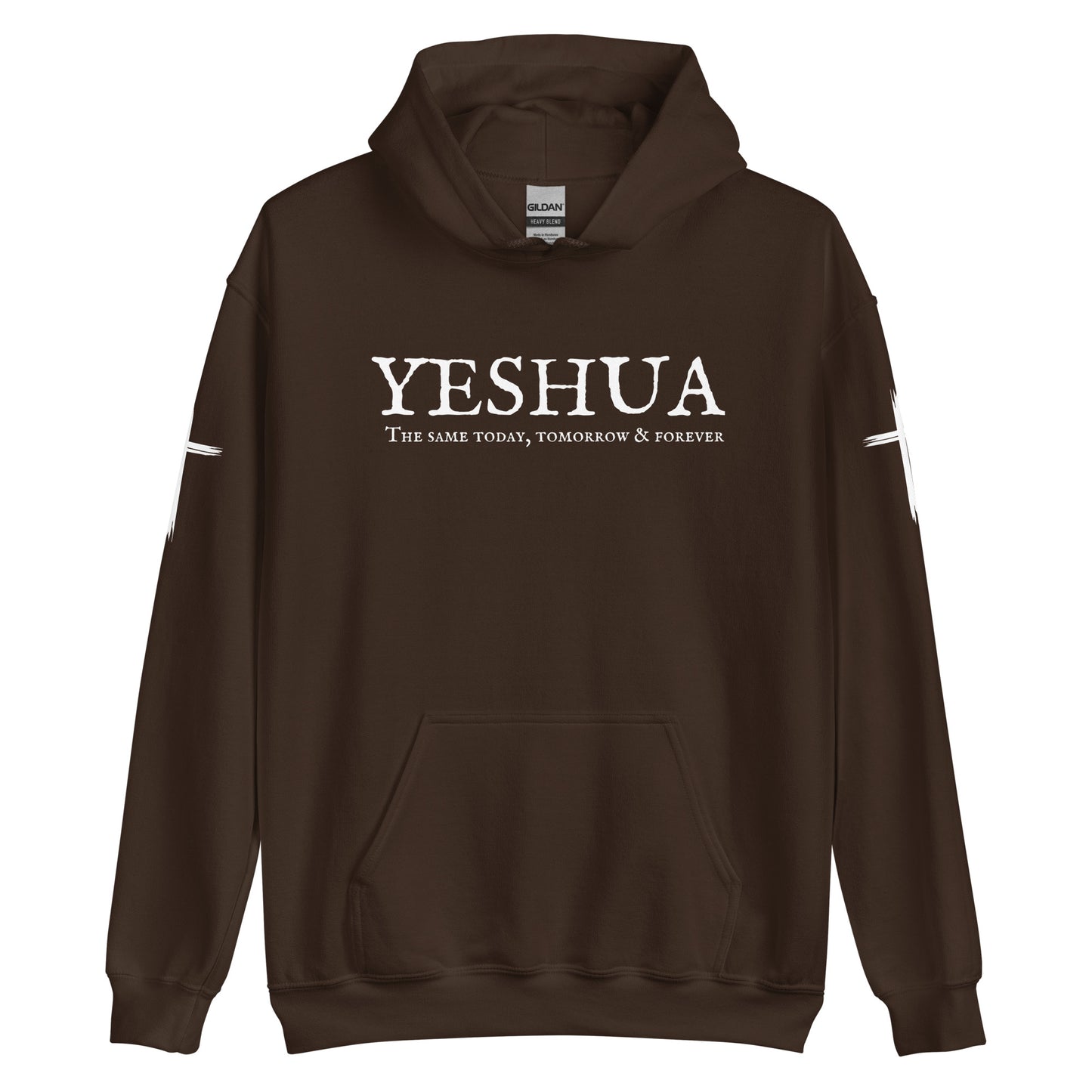 A custom handmade unisex Christian hooded sweater, on the front of the hoodie in white are the words Yeshua the same today, tomorrow and forever in an old style font, there is also a white Jesus cross on both sleeves of the hooded sweater right at the elbows.