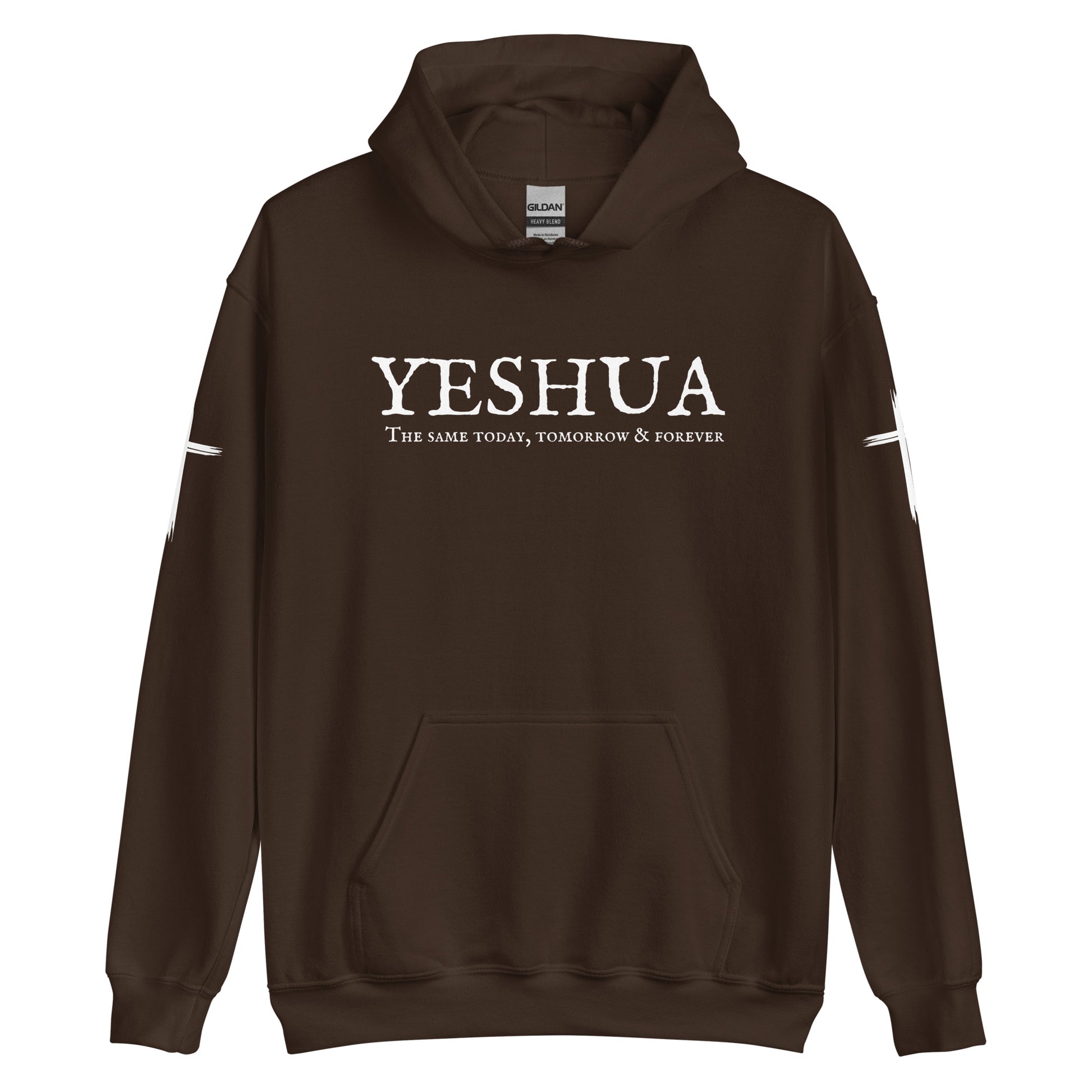 A custom handmade unisex Christian hooded sweater, on the front of the hoodie in white are the words Yeshua the same today, tomorrow and forever in an old style font, there is also a white Jesus cross on both sleeves of the hooded sweater right at the elbows.