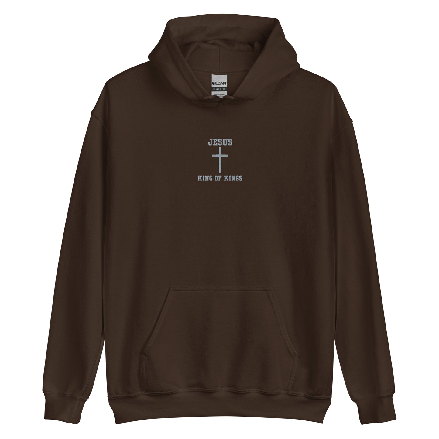 On the front of this custom embroidered unisex hooded sweatshirt are the words Jesus King of Kings with a Jesus cross in the center embroidered into the upper middle of the hoodie in silver thread.