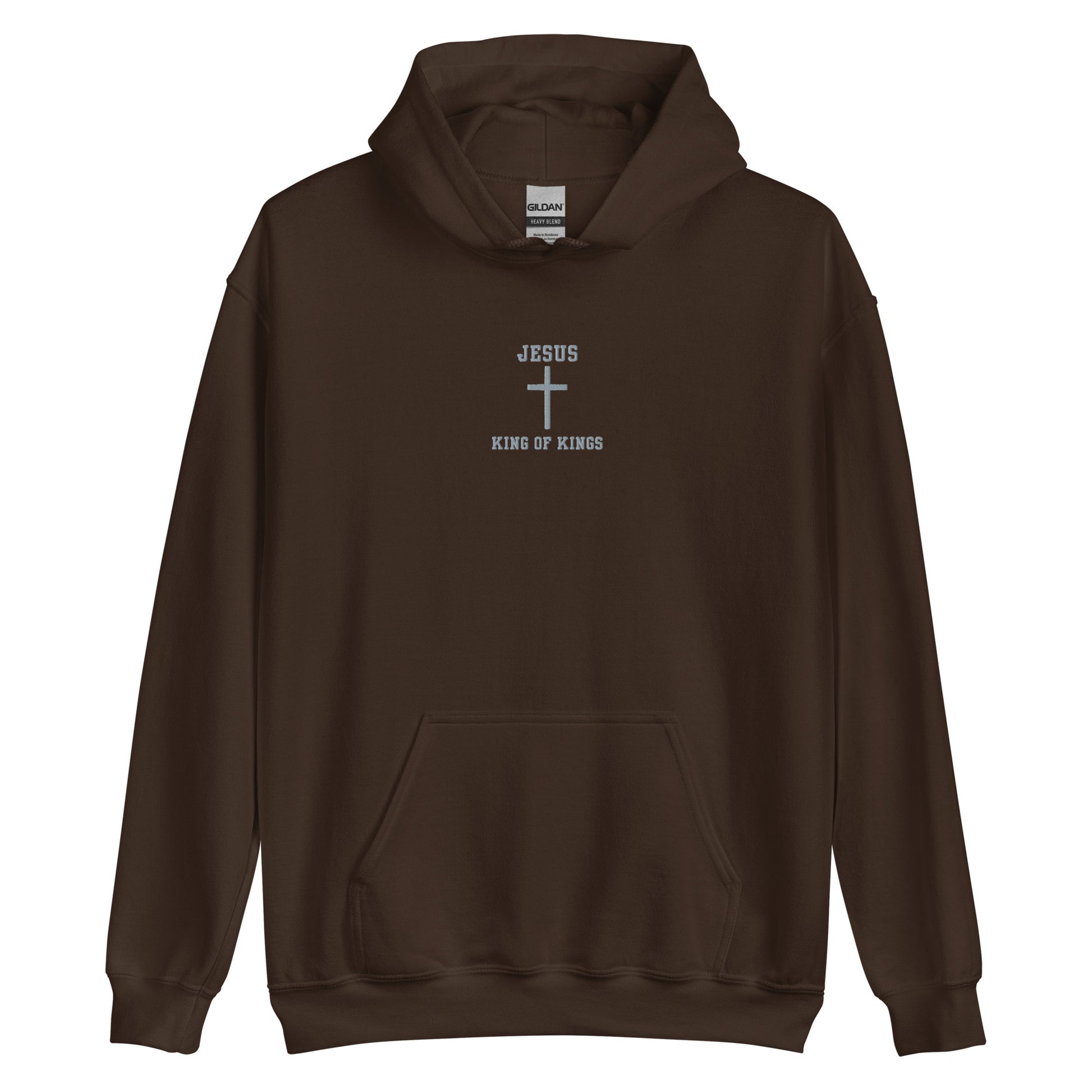 On the front of this custom embroidered unisex hooded sweatshirt are the words Jesus King of Kings with a Jesus cross in the center embroidered into the upper middle of the hoodie in silver thread.