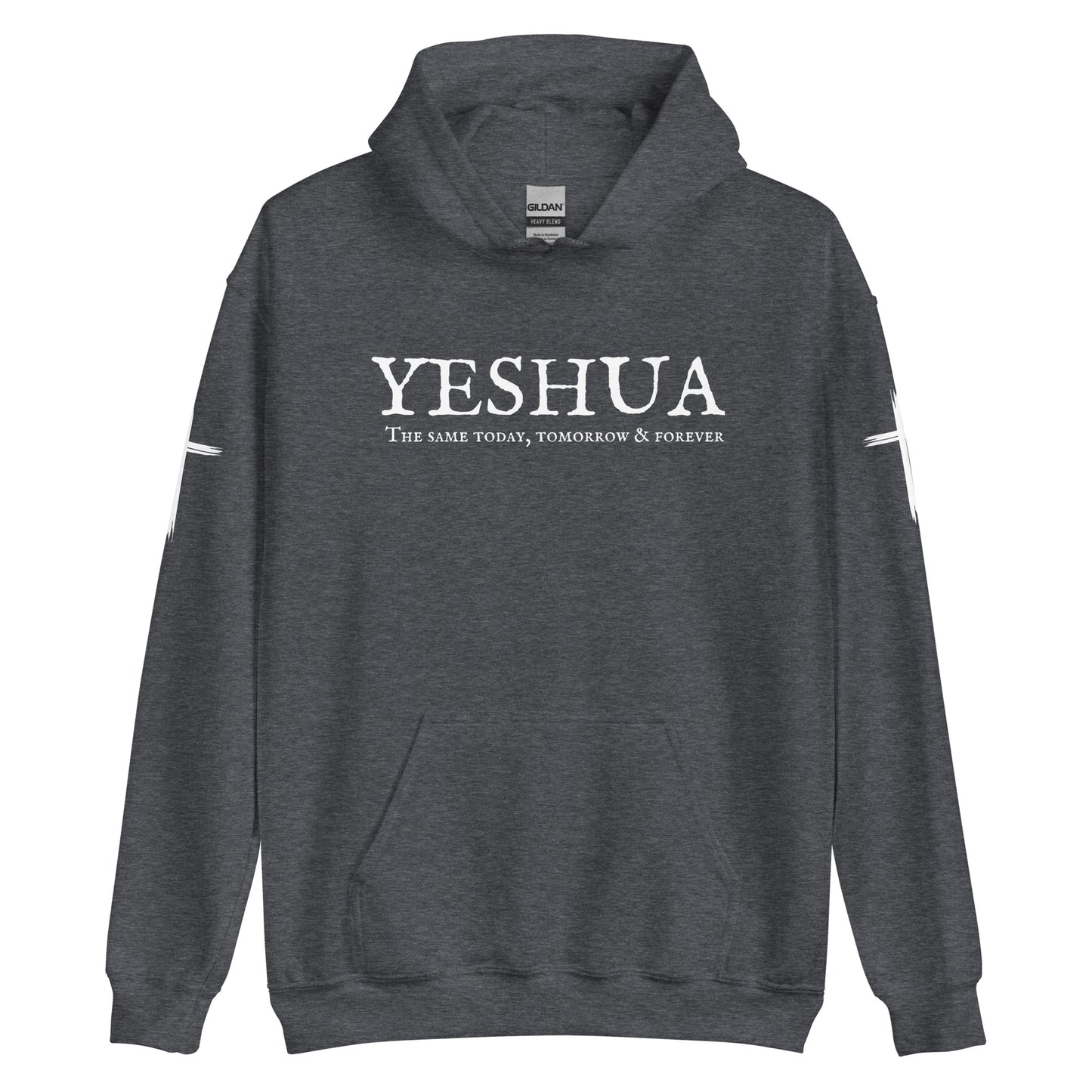 A custom handmade unisex Christian hooded sweater, on the front of the hoodie in white are the words Yeshua the same today, tomorrow and forever in an old style font, there is also a white Jesus cross on both sleeves of the hooded sweater right at the elbows.