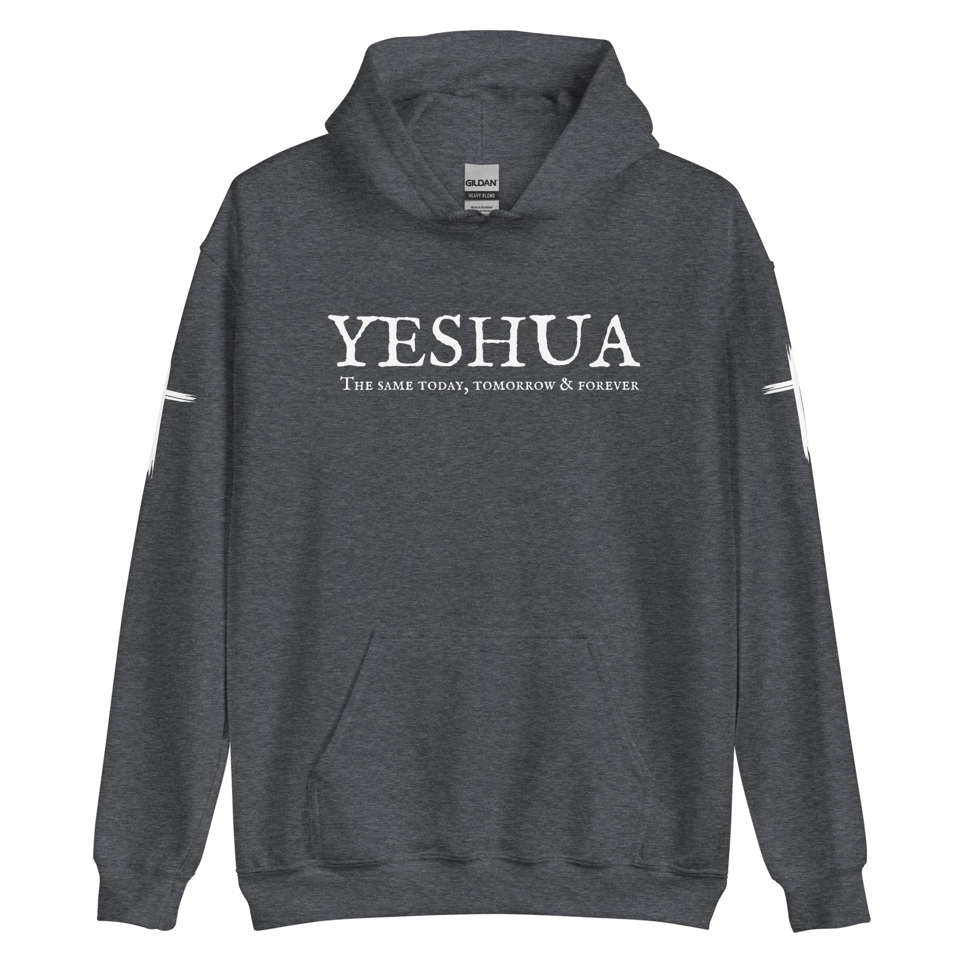 A custom handmade unisex Christian hooded sweater, on the front of the hoodie in white are the words Yeshua the same today, tomorrow and forever in an old style font, there is also a white Jesus cross on both sleeves of the hooded sweater right at the elbows.