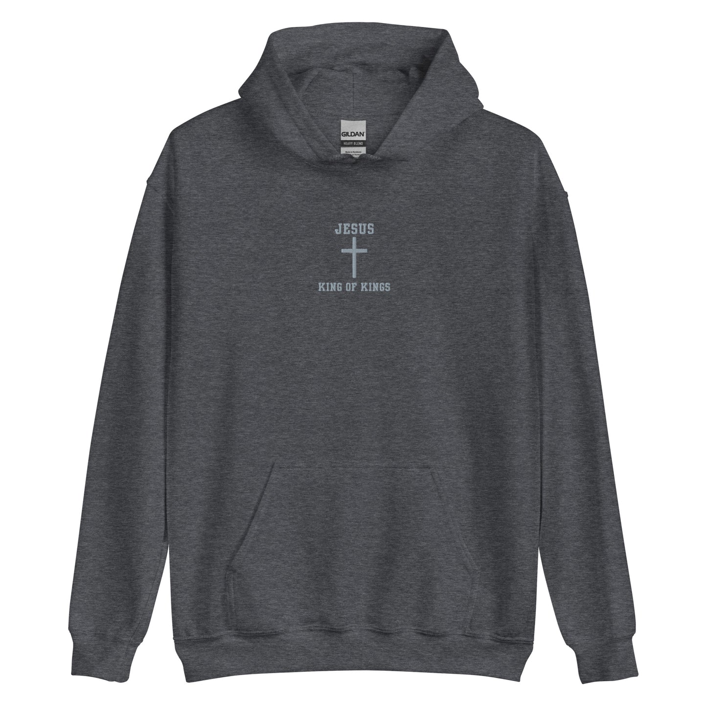 On the front of this custom embroidered unisex hooded sweatshirt are the words Jesus King of Kings with a Jesus cross in the center embroidered into the upper middle of the hoodie in silver thread.