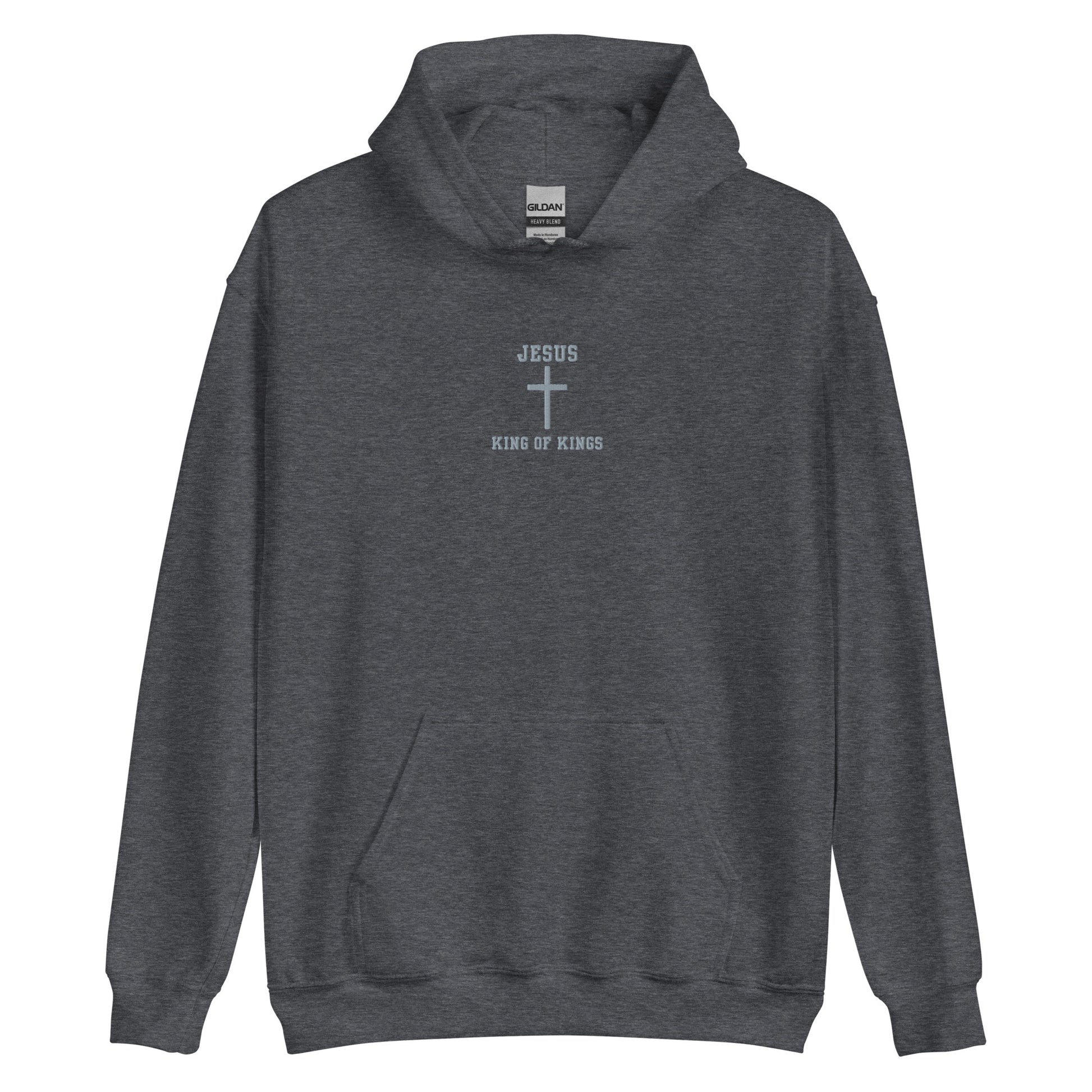 On the front of this custom embroidered unisex hooded sweatshirt are the words Jesus King of Kings with a Jesus cross in the center embroidered into the upper middle of the hoodie in silver thread.
