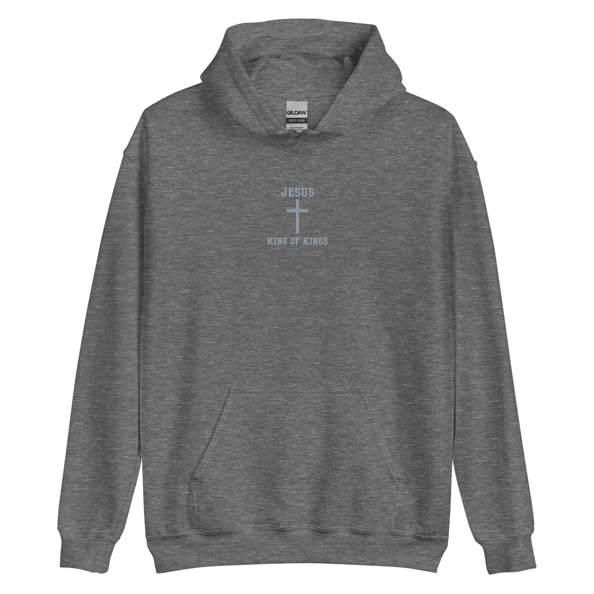 On the front of this custom embroidered unisex hooded sweatshirt are the words Jesus King of Kings with a Jesus cross in the center embroidered into the upper middle of the hoodie in silver thread.