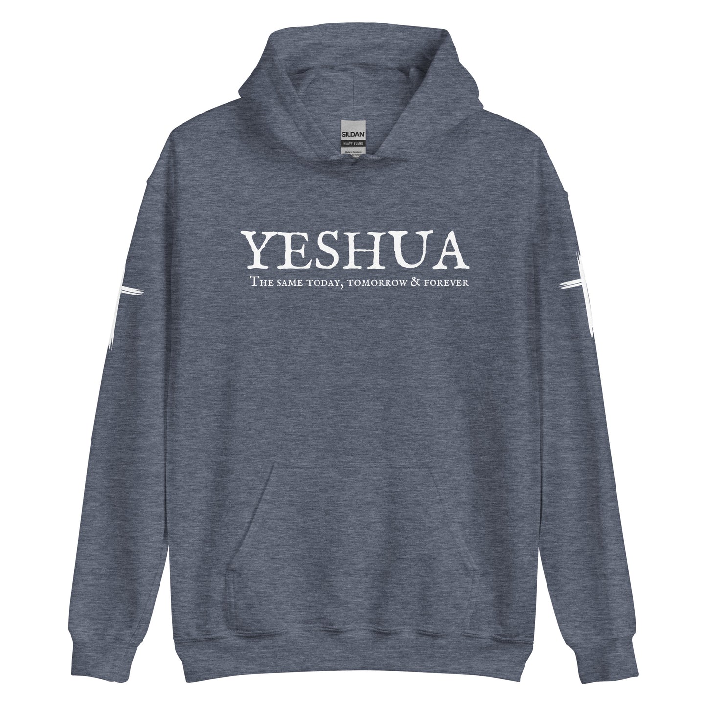 A custom handmade unisex Christian hooded sweater, on the front of the hoodie in white are the words Yeshua the same today, tomorrow and forever in an old style font, there is also a white Jesus cross on both sleeves of the hooded sweater right at the elbows.