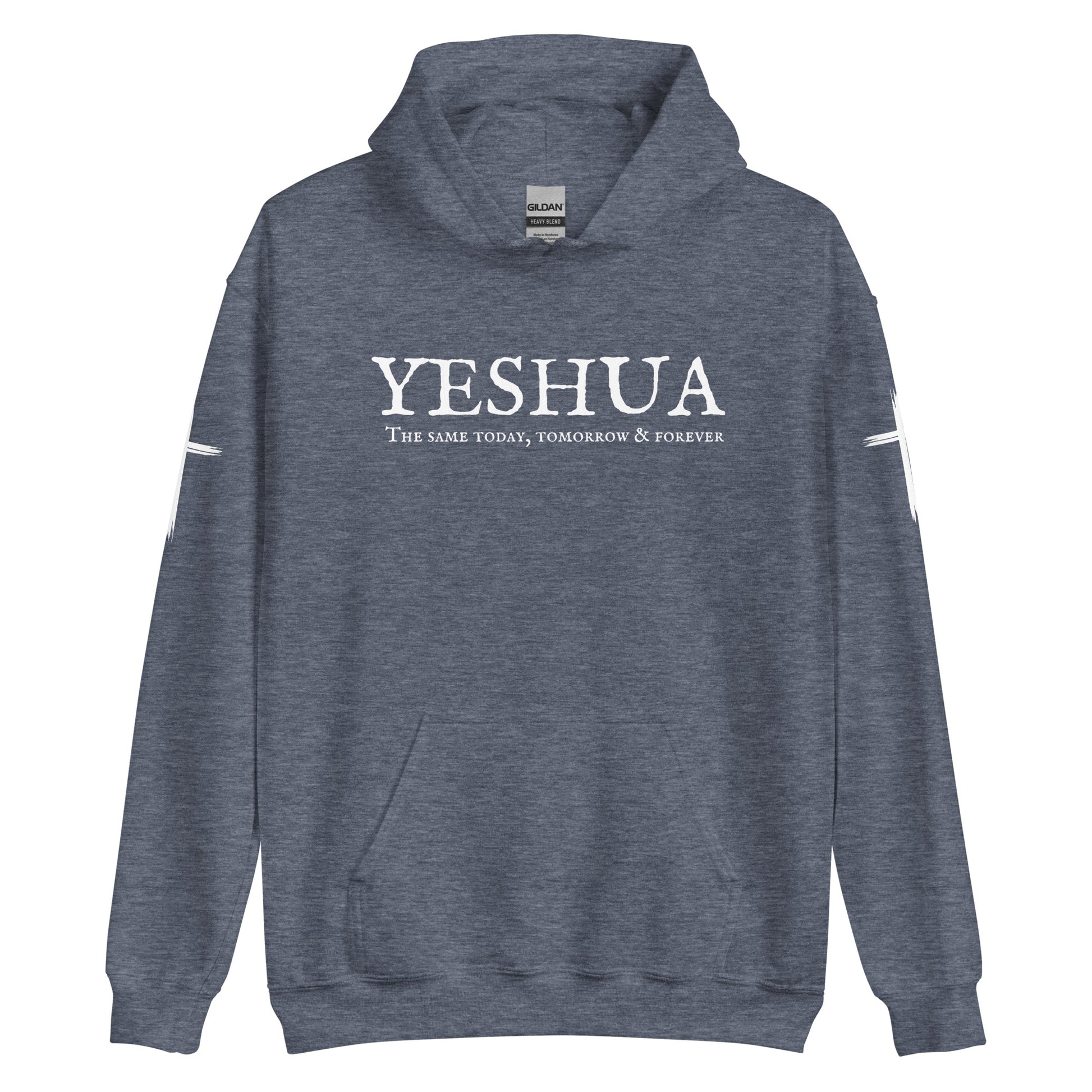 A custom handmade unisex Christian hooded sweater, on the front of the hoodie in white are the words Yeshua the same today, tomorrow and forever in an old style font, there is also a white Jesus cross on both sleeves of the hooded sweater right at the elbows.