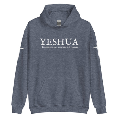 A custom handmade unisex Christian hooded sweater, on the front of the hoodie in white are the words Yeshua the same today, tomorrow and forever in an old style font, there is also a white Jesus cross on both sleeves of the hooded sweater right at the elbows.
