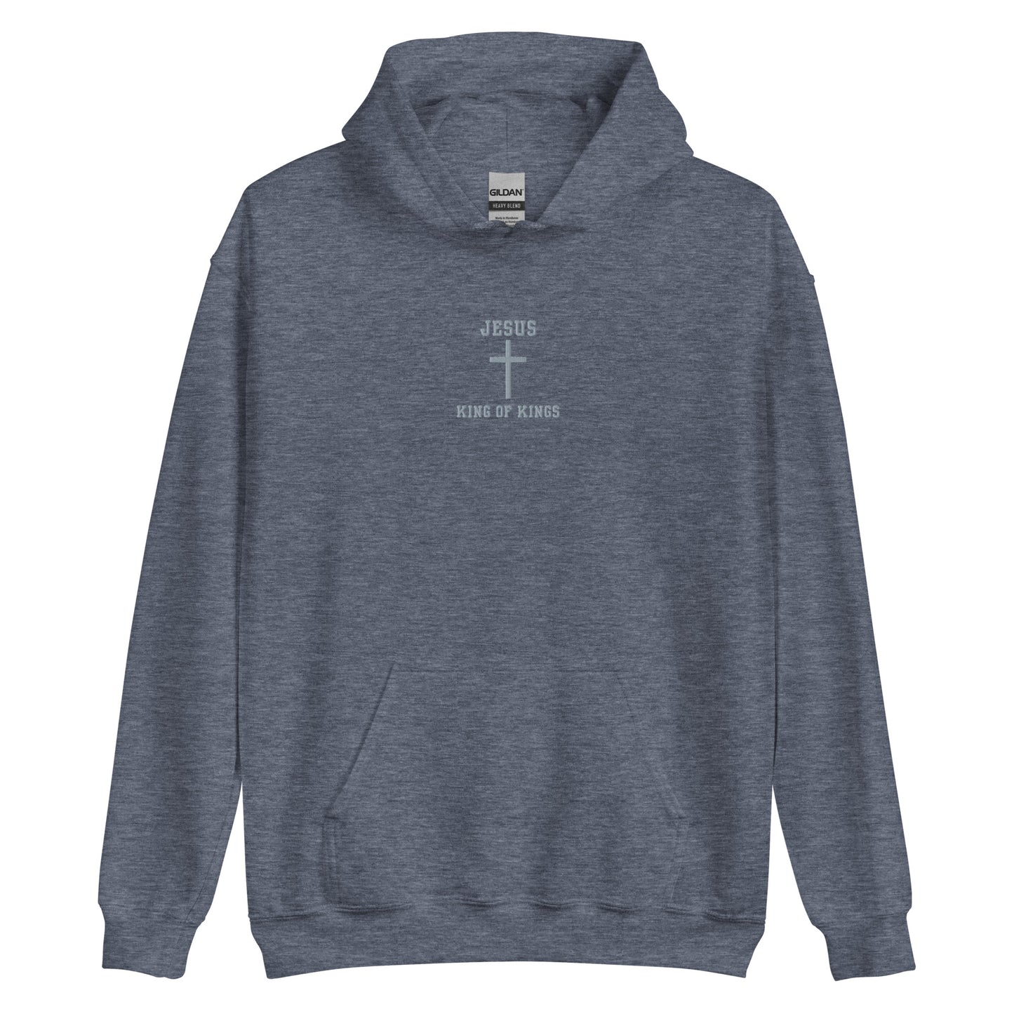 On the front of this custom embroidered unisex hooded sweatshirt are the words Jesus King of Kings with a Jesus cross in the center embroidered into the upper middle of the hoodie in silver thread.