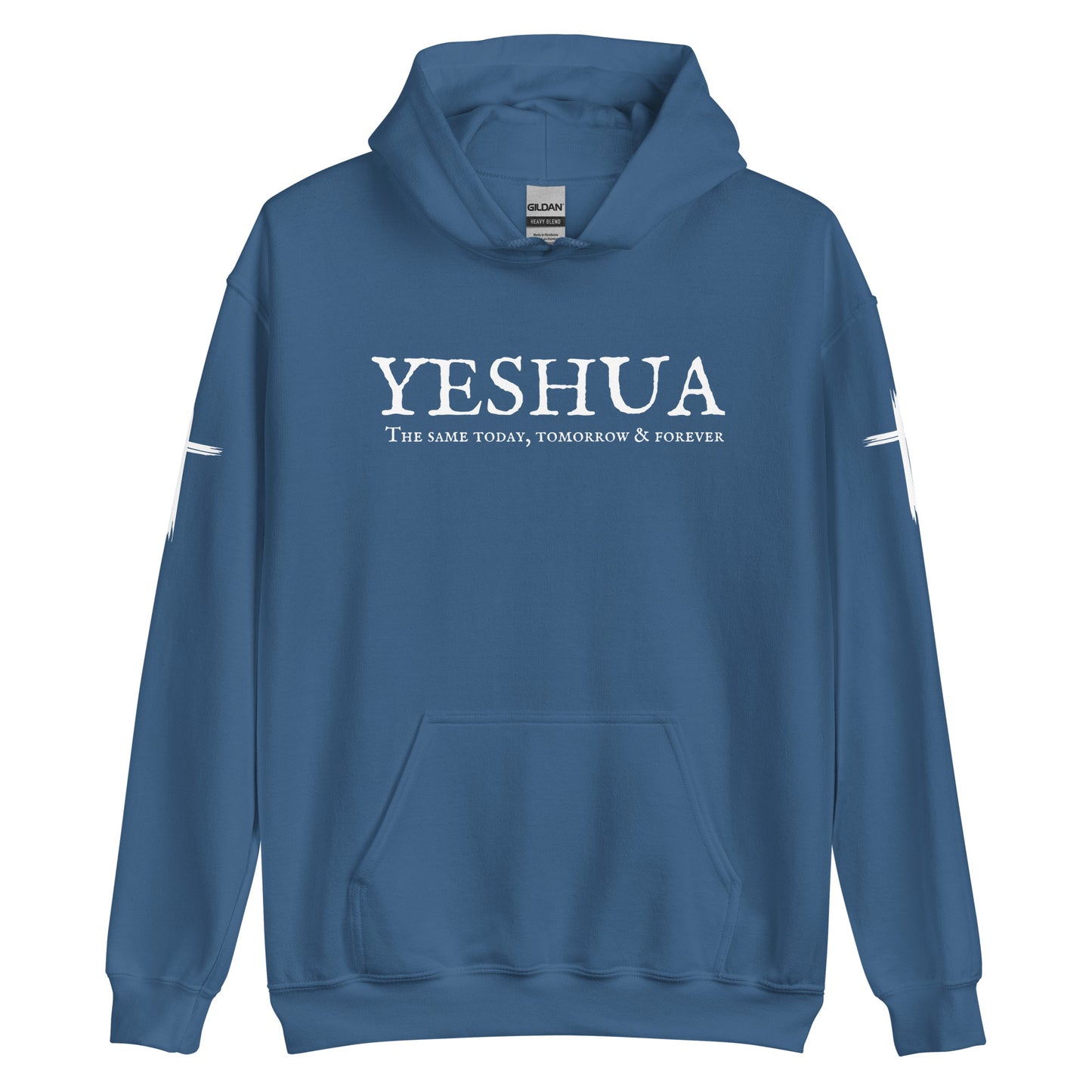 A custom handmade unisex Christian hooded sweater, on the front of the hoodie in white are the words Yeshua the same today, tomorrow and forever in an old style font, there is also a white Jesus cross on both sleeves of the hooded sweater right at the elbows.