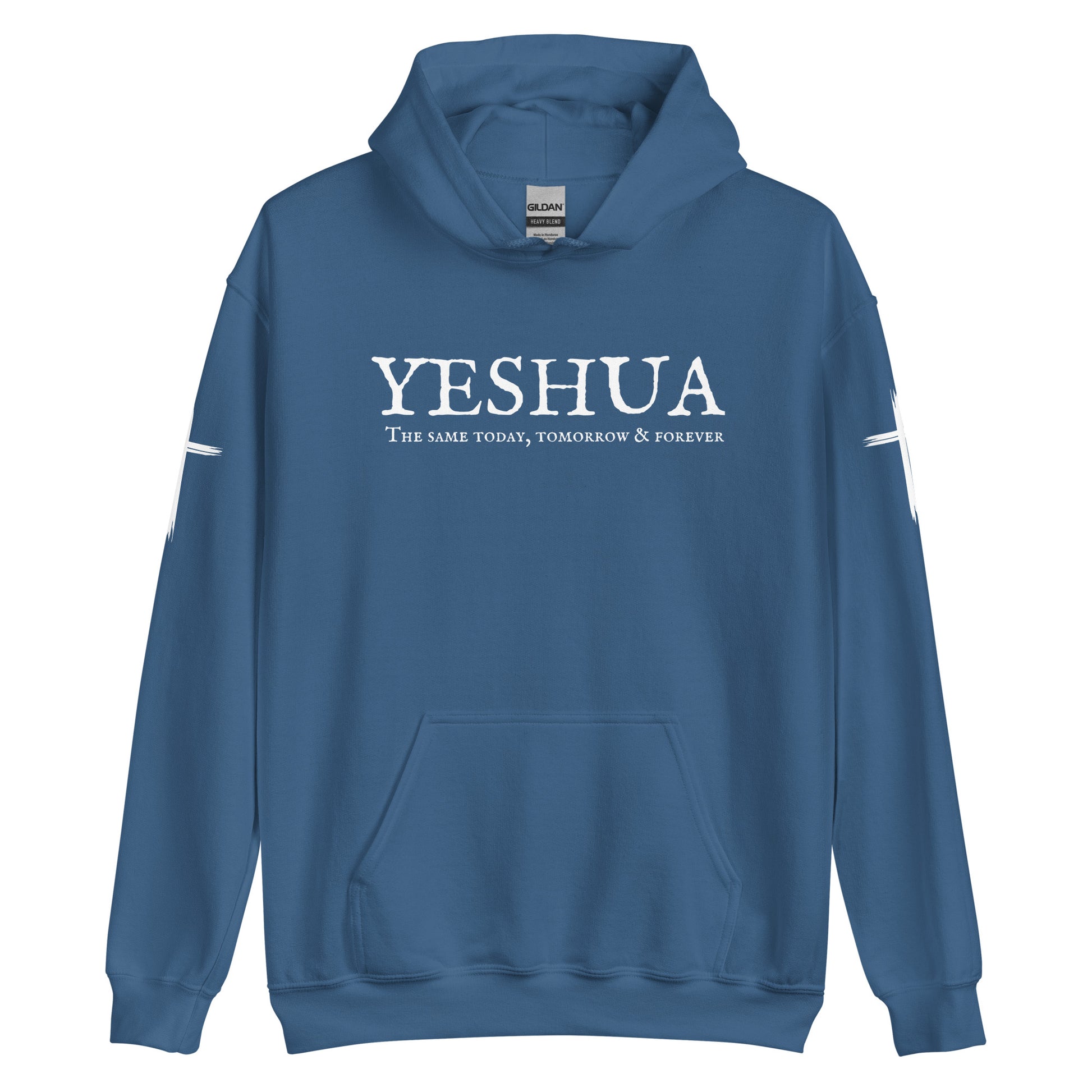 A custom handmade unisex Christian hooded sweater, on the front of the hoodie in white are the words Yeshua the same today, tomorrow and forever in an old style font, there is also a white Jesus cross on both sleeves of the hooded sweater right at the elbows.