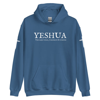 A custom handmade unisex Christian hooded sweater, on the front of the hoodie in white are the words Yeshua the same today, tomorrow and forever in an old style font, there is also a white Jesus cross on both sleeves of the hooded sweater right at the elbows.