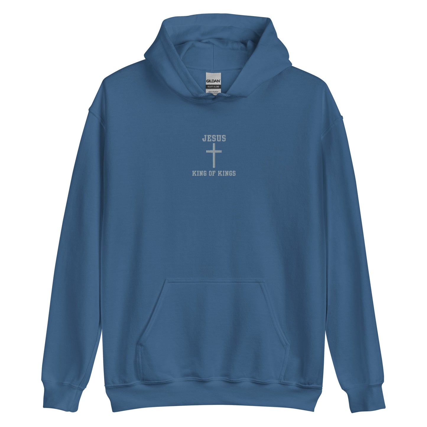 On the front of this custom embroidered unisex hooded sweatshirt are the words Jesus King of Kings with a Jesus cross in the center embroidered into the upper middle of the hoodie in silver thread.