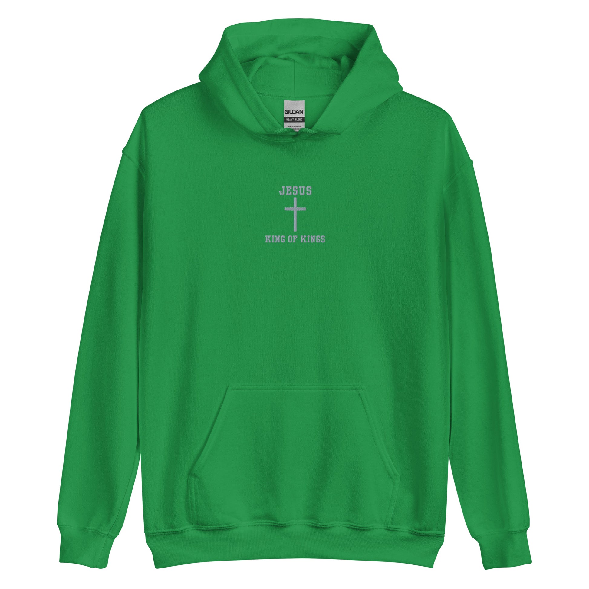 On the front of this custom embroidered unisex hooded sweatshirt are the words Jesus King of Kings with a Jesus cross in the center embroidered into the upper middle of the hoodie in silver thread.