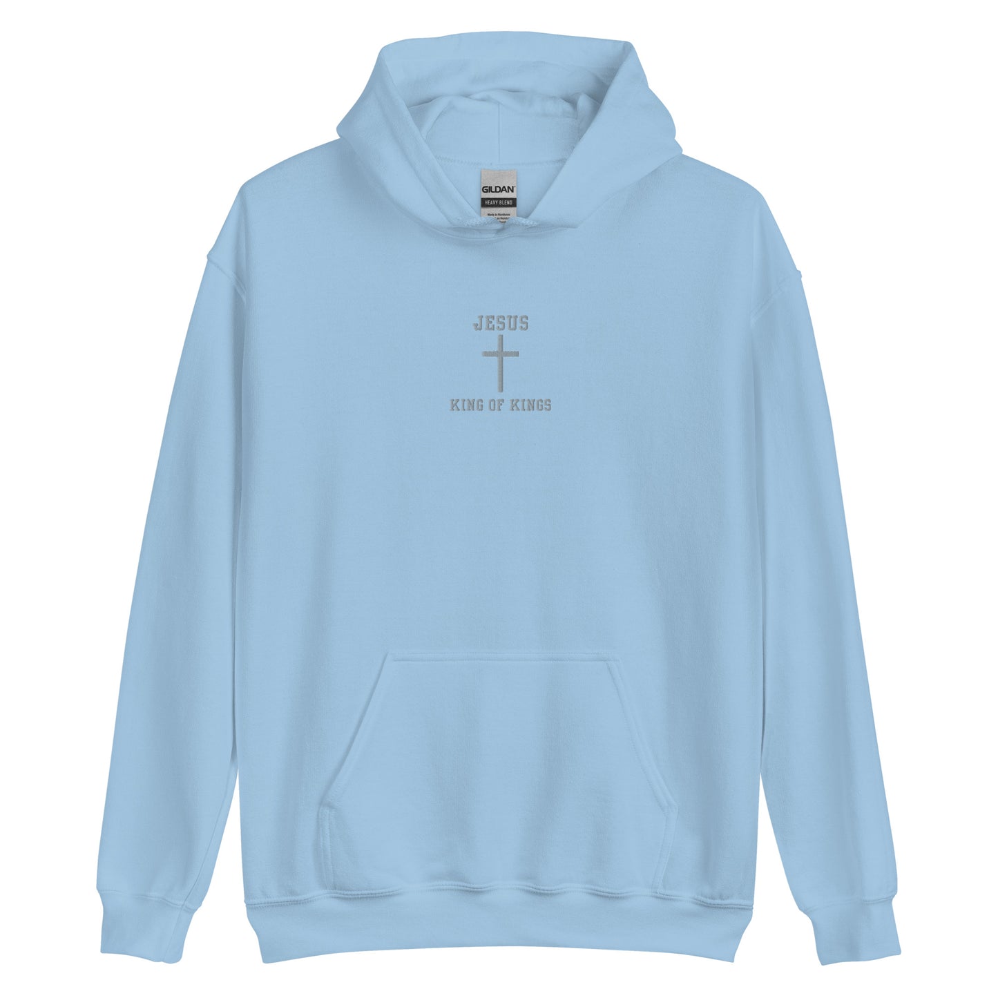 On the front of this custom embroidered unisex hooded sweatshirt are the words Jesus King of Kings with a Jesus cross in the center embroidered into the upper middle of the hoodie in silver thread.