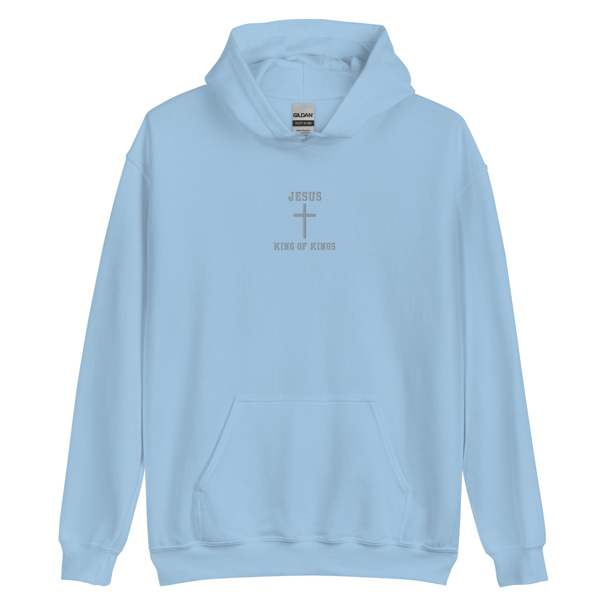 On the front of this custom embroidered unisex hooded sweatshirt are the words Jesus King of Kings with a Jesus cross in the center embroidered into the upper middle of the hoodie in silver thread.