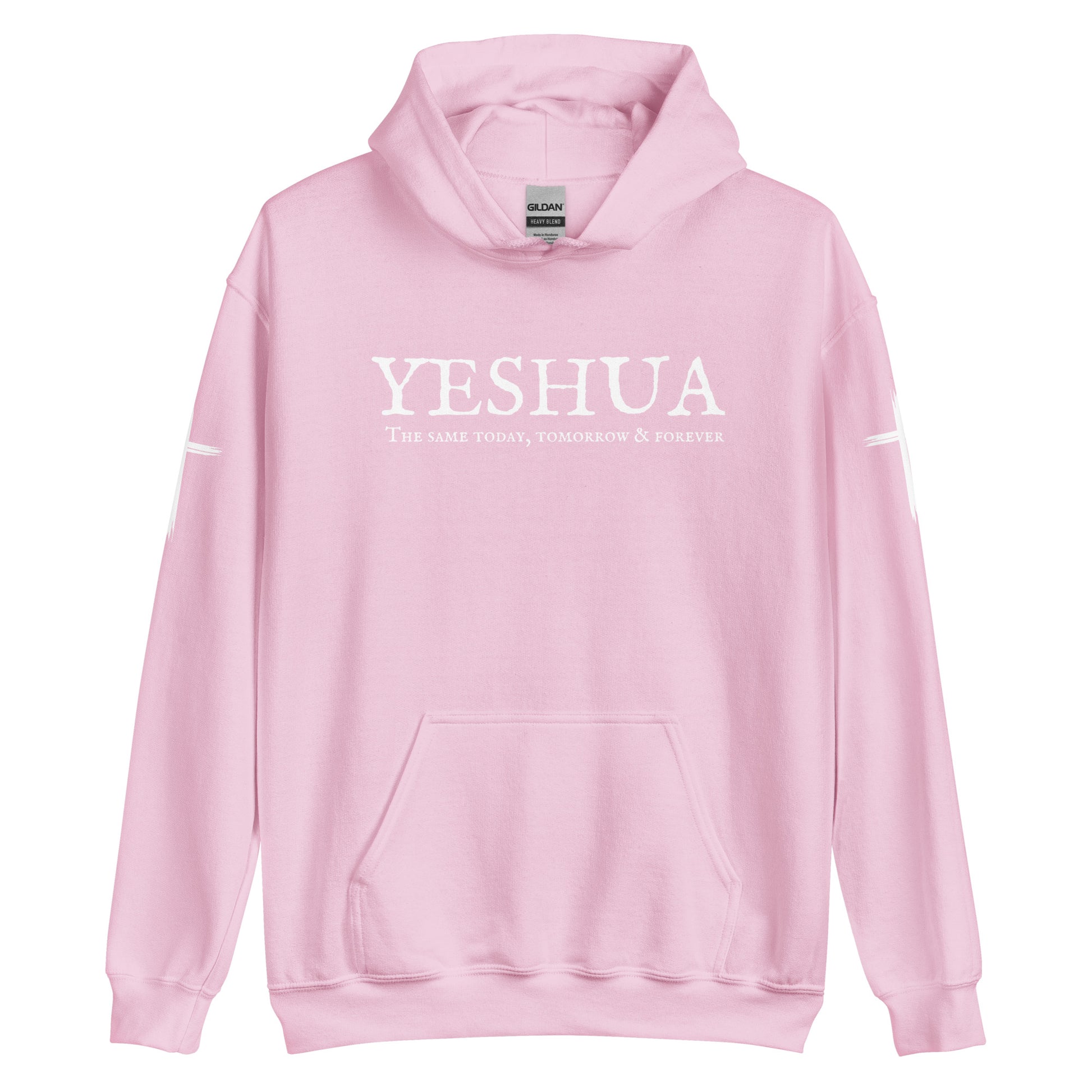 A custom handmade unisex Christian hooded sweater, on the front of the hoodie in white are the words Yeshua the same today, tomorrow and forever in an old style font, there is also a white Jesus cross on both sleeves of the hooded sweater right at the elbows.