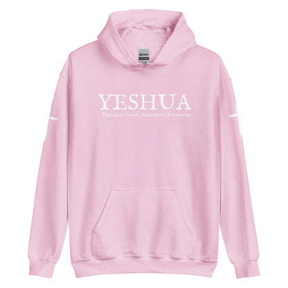 A custom handmade unisex Christian hooded sweater, on the front of the hoodie in white are the words Yeshua the same today, tomorrow and forever in an old style font, there is also a white Jesus cross on both sleeves of the hooded sweater right at the elbows.