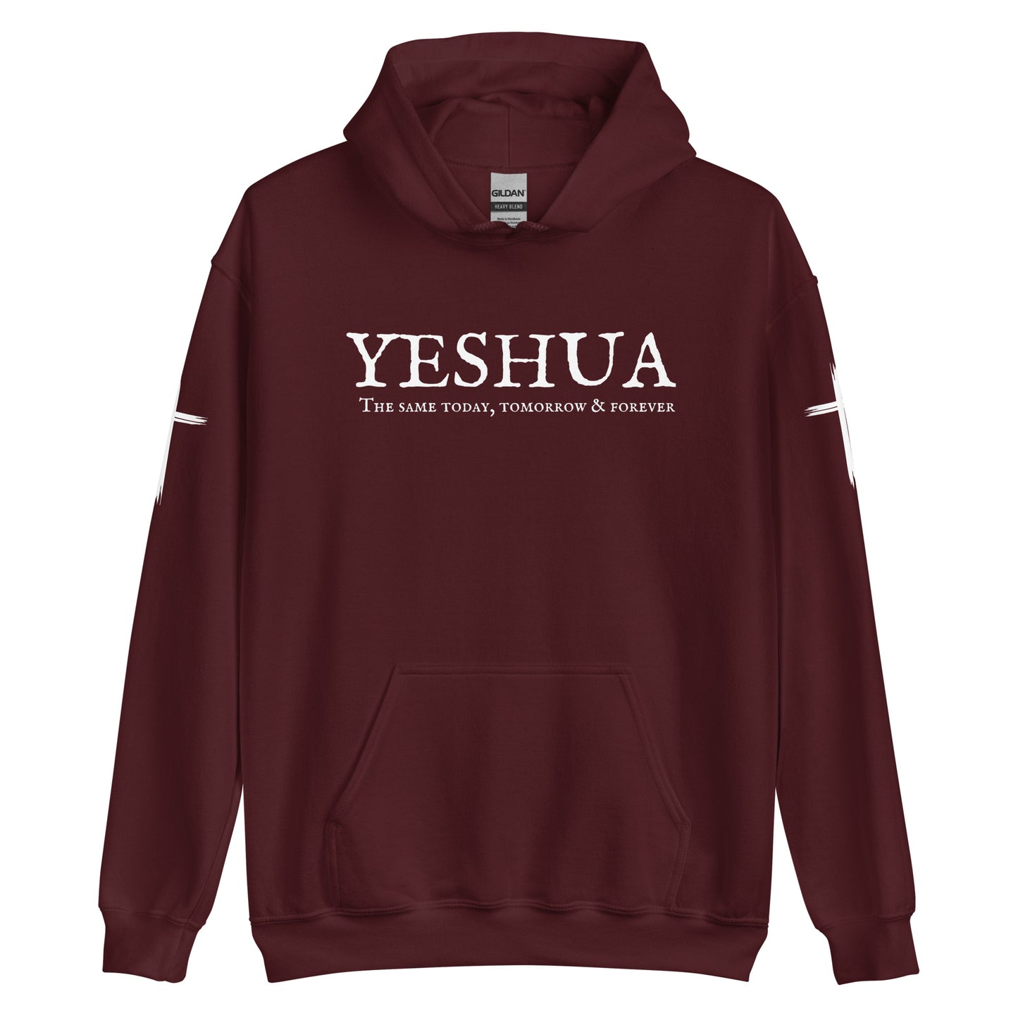 A custom handmade unisex Christian hooded sweater, on the front of the hoodie in white are the words Yeshua the same today, tomorrow and forever in an old style font, there is also a white Jesus cross on both sleeves of the hooded sweater right at the elbows.