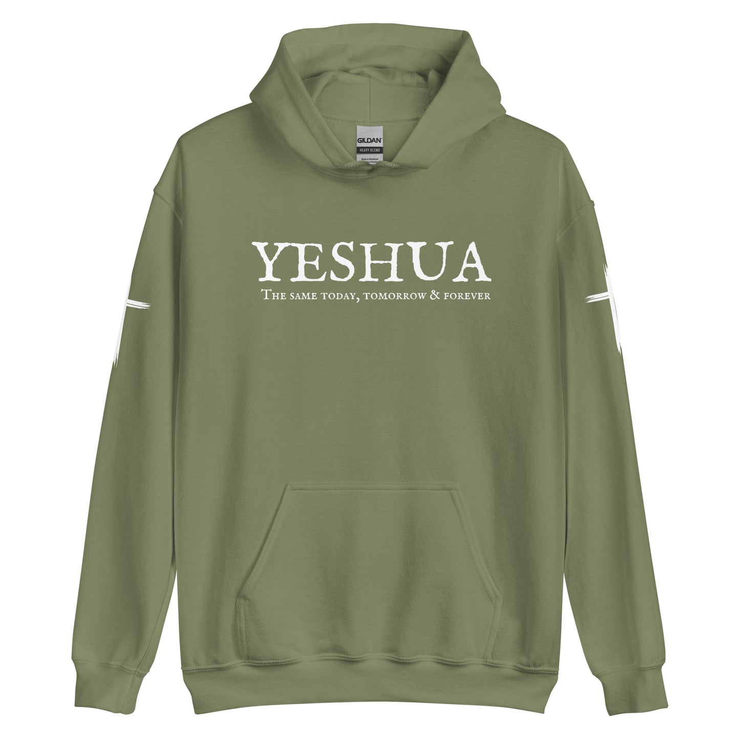A custom handmade unisex Christian hooded sweater, on the front of the hoodie in white are the words Yeshua the same today, tomorrow and forever in an old style font, there is also a white Jesus cross on both sleeves of the hooded sweater right at the elbows.