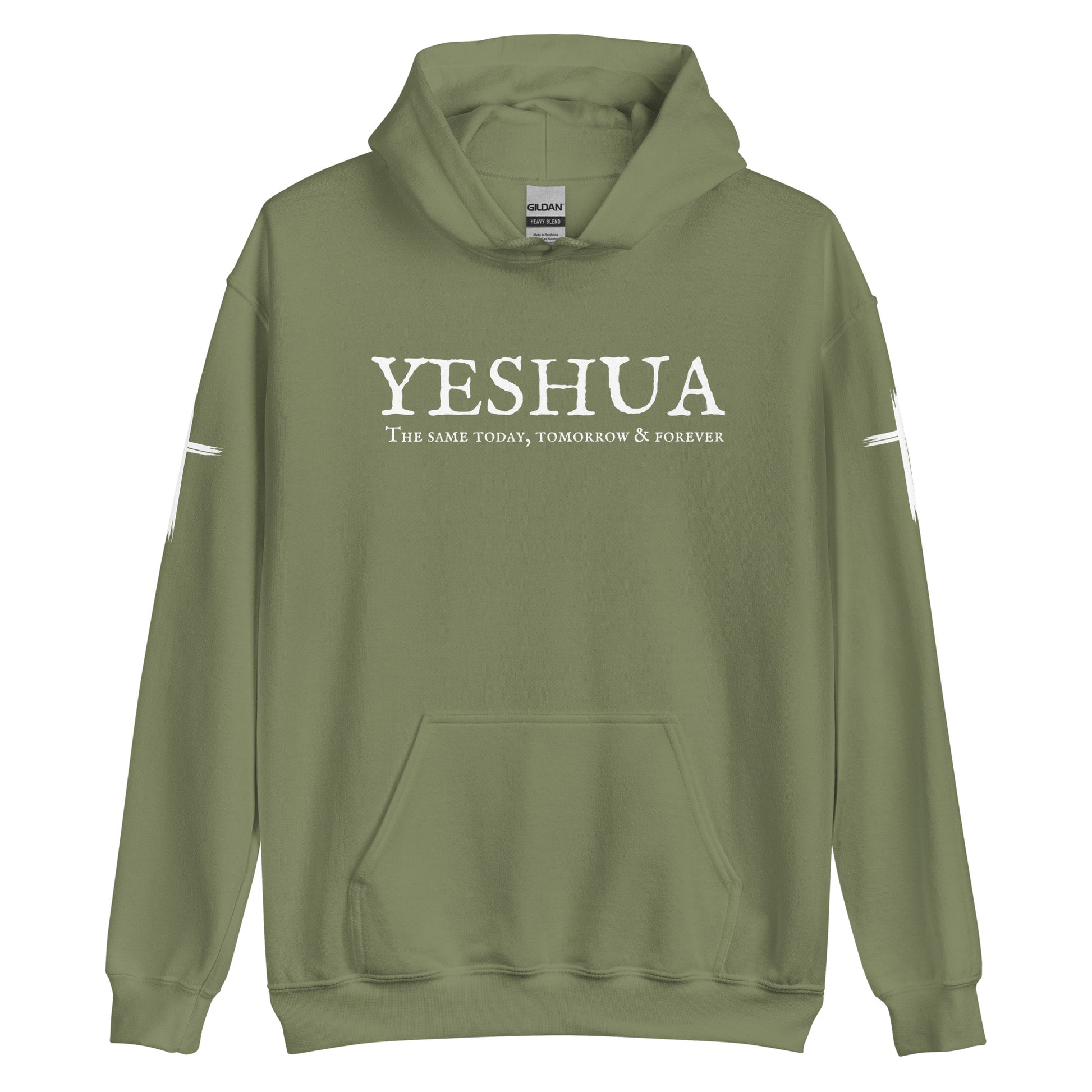 A custom handmade unisex Christian hooded sweater, on the front of the hoodie in white are the words Yeshua the same today, tomorrow and forever in an old style font, there is also a white Jesus cross on both sleeves of the hooded sweater right at the elbows.