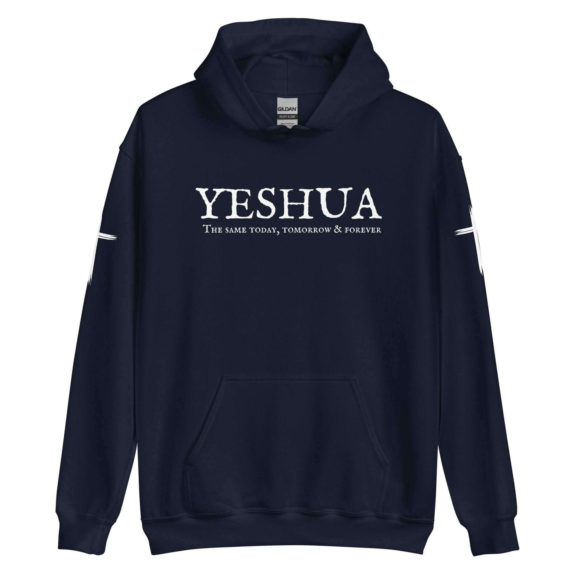 A custom handmade unisex Christian hooded sweater, on the front of the hoodie in white are the words Yeshua the same today, tomorrow and forever in an old style font, there is also a white Jesus cross on both sleeves of the hooded sweater right at the elbows.