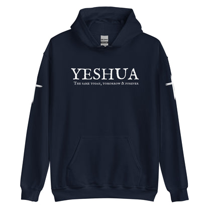 A custom handmade unisex Christian hooded sweater, on the front of the hoodie in white are the words Yeshua the same today, tomorrow and forever in an old style font, there is also a white Jesus cross on both sleeves of the hooded sweater right at the elbows.