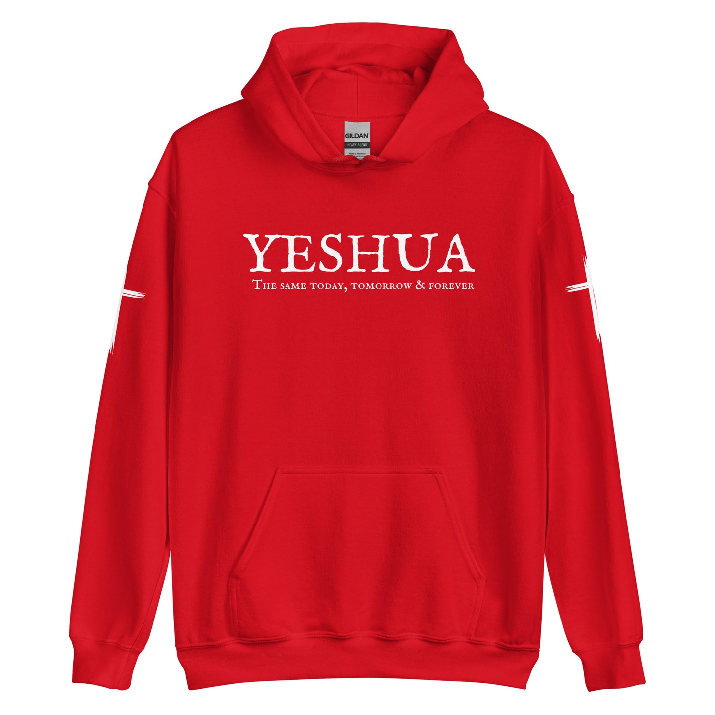 A custom handmade unisex Christian hooded sweater, on the front of the hoodie in white are the words Yeshua the same today, tomorrow and forever in an old style font, there is also a white Jesus cross on both sleeves of the hooded sweater right at the elbows.