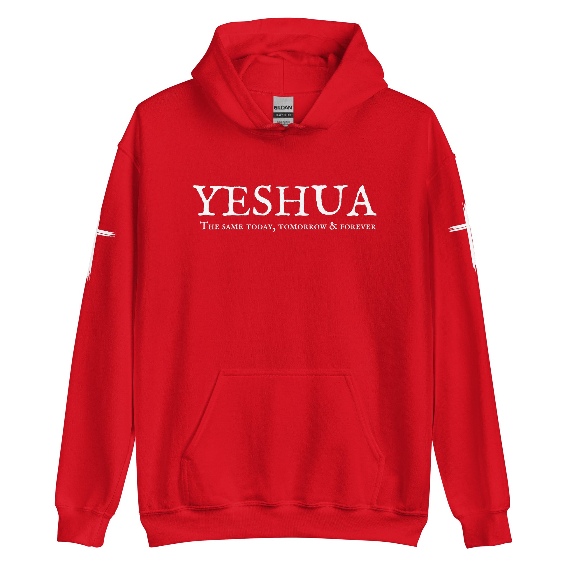 A custom handmade unisex Christian hooded sweater, on the front of the hoodie in white are the words Yeshua the same today, tomorrow and forever in an old style font, there is also a white Jesus cross on both sleeves of the hooded sweater right at the elbows.