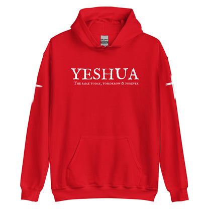 A custom handmade unisex Christian hooded sweater, on the front of the hoodie in white are the words Yeshua the same today, tomorrow and forever in an old style font, there is also a white Jesus cross on both sleeves of the hooded sweater right at the elbows.