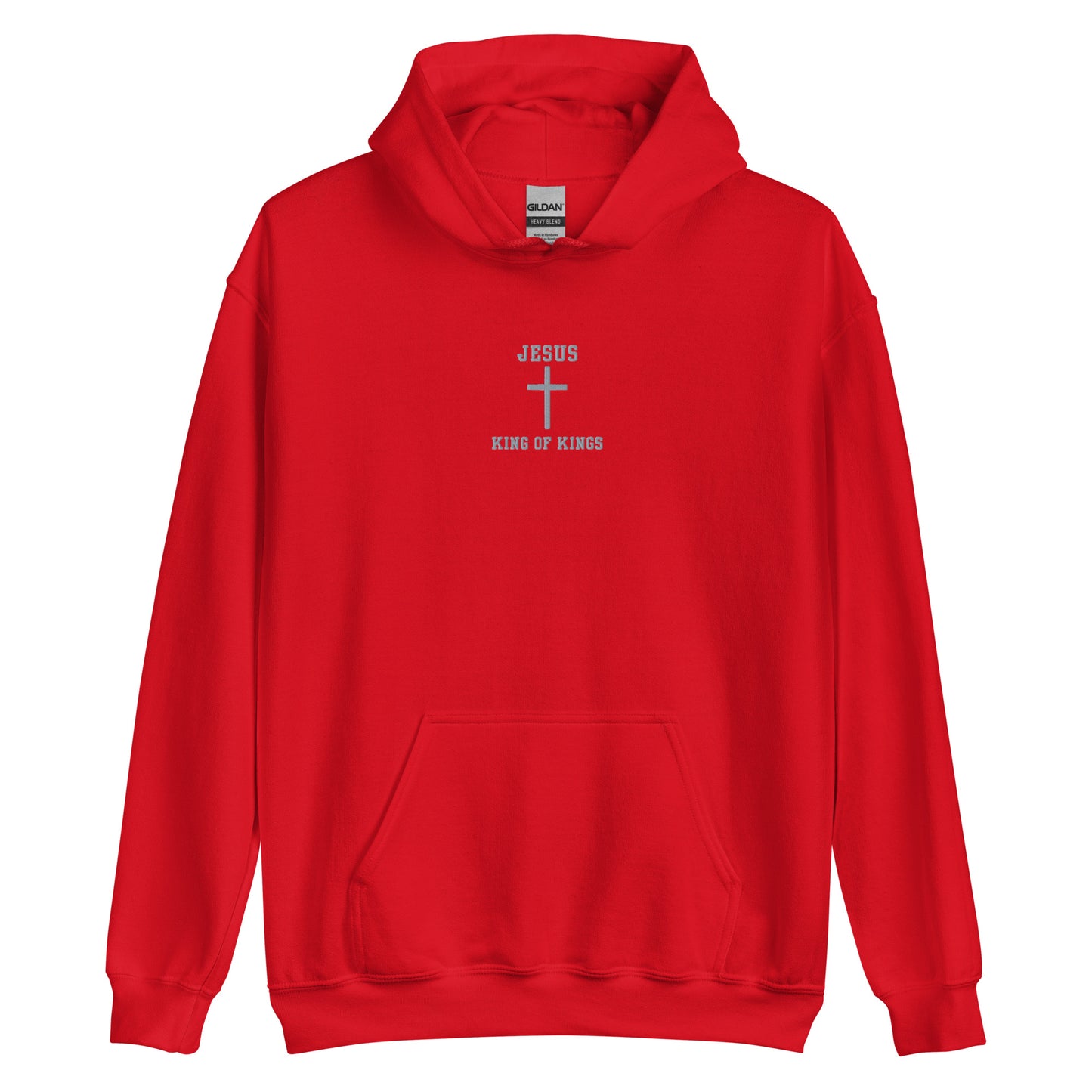 On the front of this custom embroidered unisex hooded sweatshirt are the words Jesus King of Kings with a Jesus cross in the center embroidered into the upper middle of the hoodie in silver thread.